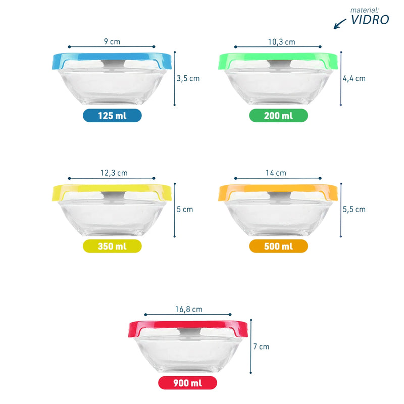 Jogo 5 Potes Tigela De Vidro Tampas Plásticas Coloridas-Dolce Home